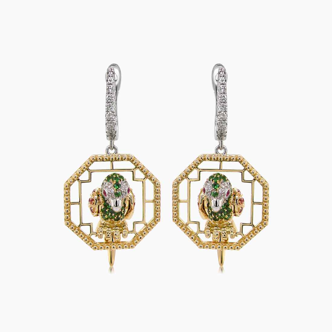 Multicolor Sapphire & Green Garnet & Diamond Parrot Bird 18K Two Tone Earrings