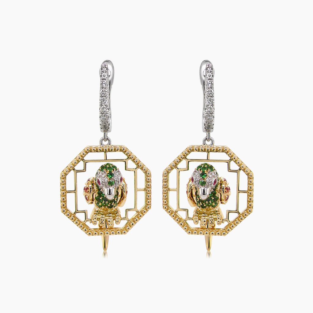 Multicolor Sapphire & Green Garnet & Diamond Parrot Bird 18K Two Tone Earrings