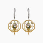 Multicolor Sapphire & Green Garnet & Diamond Parrot Bird 18K Two Tone Earrings