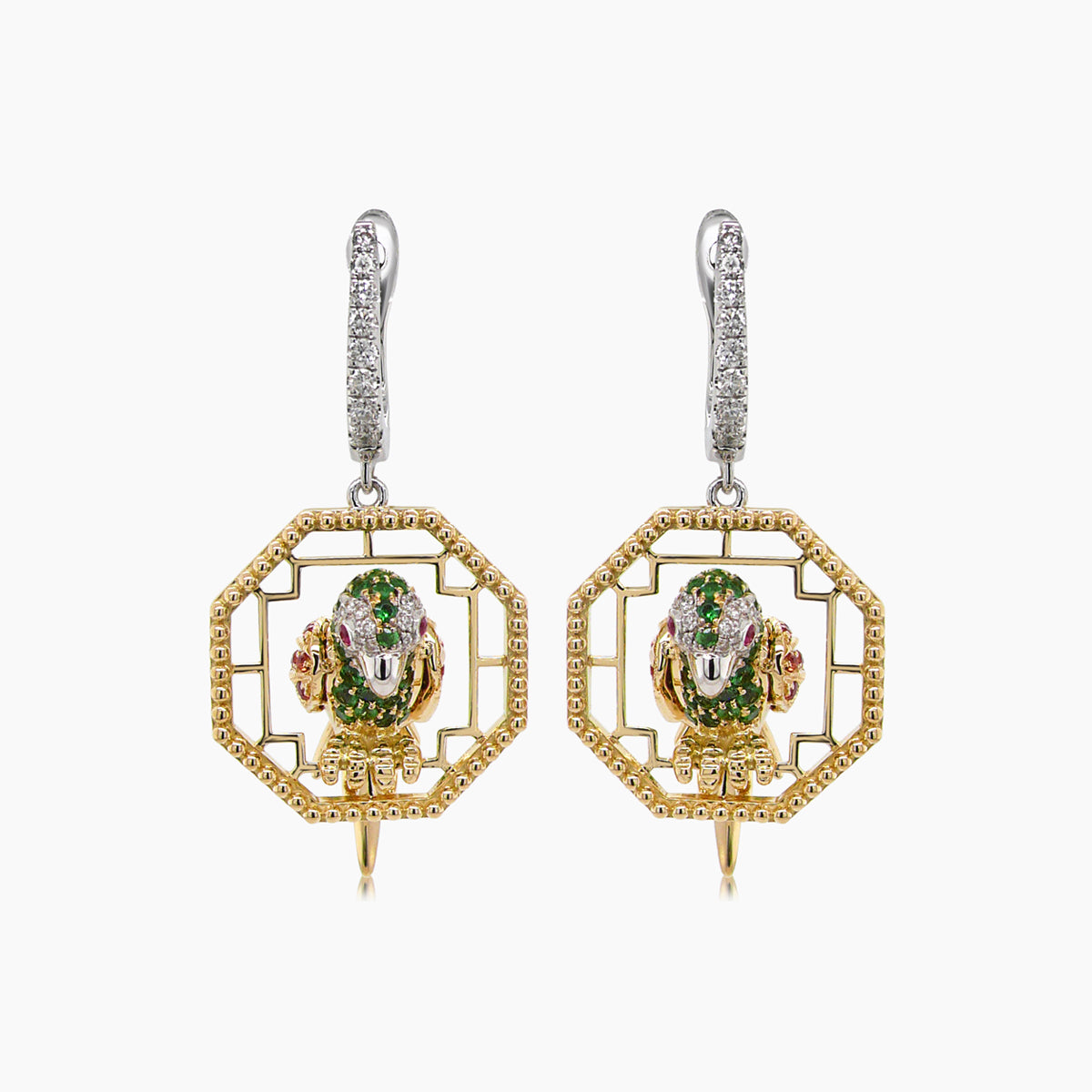 Multicolor Sapphire & Green Garnet & Diamond Parrot Bird 18K Two Tone Earrings