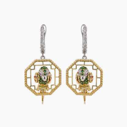 Multicolor Sapphire & Green Garnet & Diamond Parrot Bird 18K Two Tone Earrings