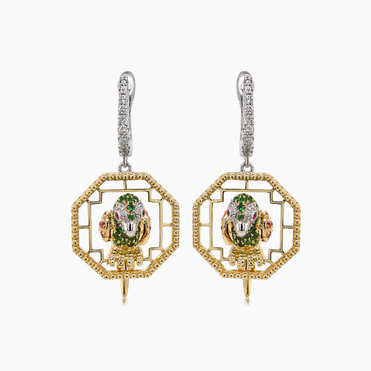Multicolor Sapphire & Green Garnet & Diamond Parrot Bird 18K Two Tone Earrings