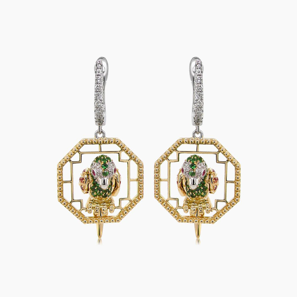Multicolor Sapphire & Green Garnet & Diamond Parrot Bird 18K Two Tone Earrings