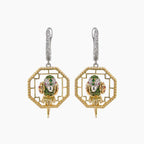 Multicolor Sapphire & Green Garnet & Diamond Parrot Bird 18K Two Tone Earrings