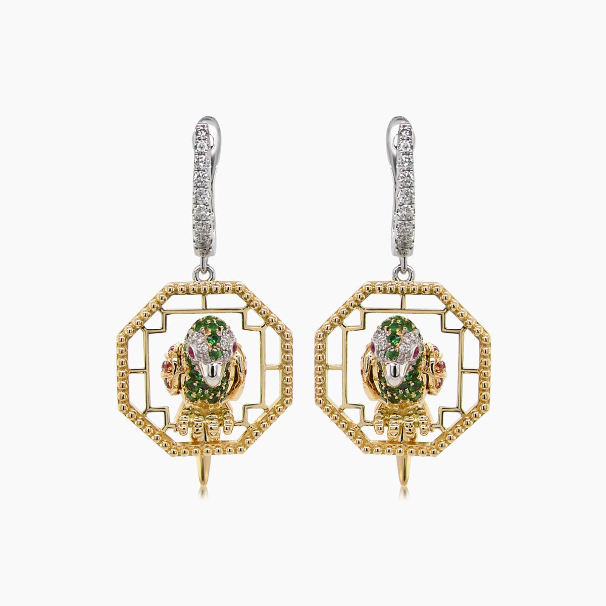multicolor sapphire & green garnet & diamond parrot bird 18k two tone earrings
