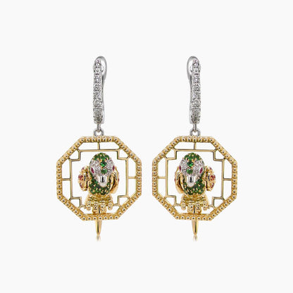 Multicolor Sapphire & Green Garnet & Diamond Parrot Bird 18K Two Tone Earrings