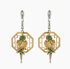 Multicolor Sapphire & Green Garnet & Diamond Parrot Bird 18K Two Tone Earrings