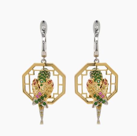 Multicolor Sapphire & Green Garnet & Diamond Parrot Bird 18K Two Tone Earrings
