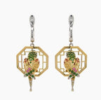 Multicolor Sapphire & Green Garnet & Diamond Parrot Bird 18K Two Tone Earrings