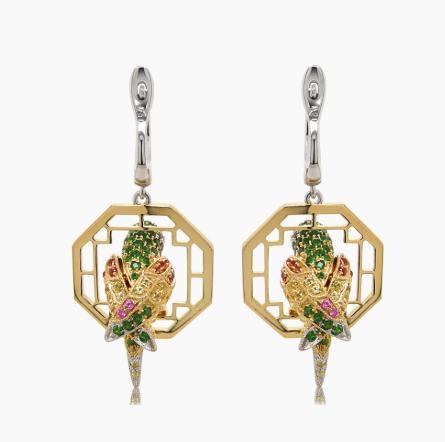 Multicolor Sapphire & Green Garnet & Diamond Parrot Bird 18K Two Tone Earrings