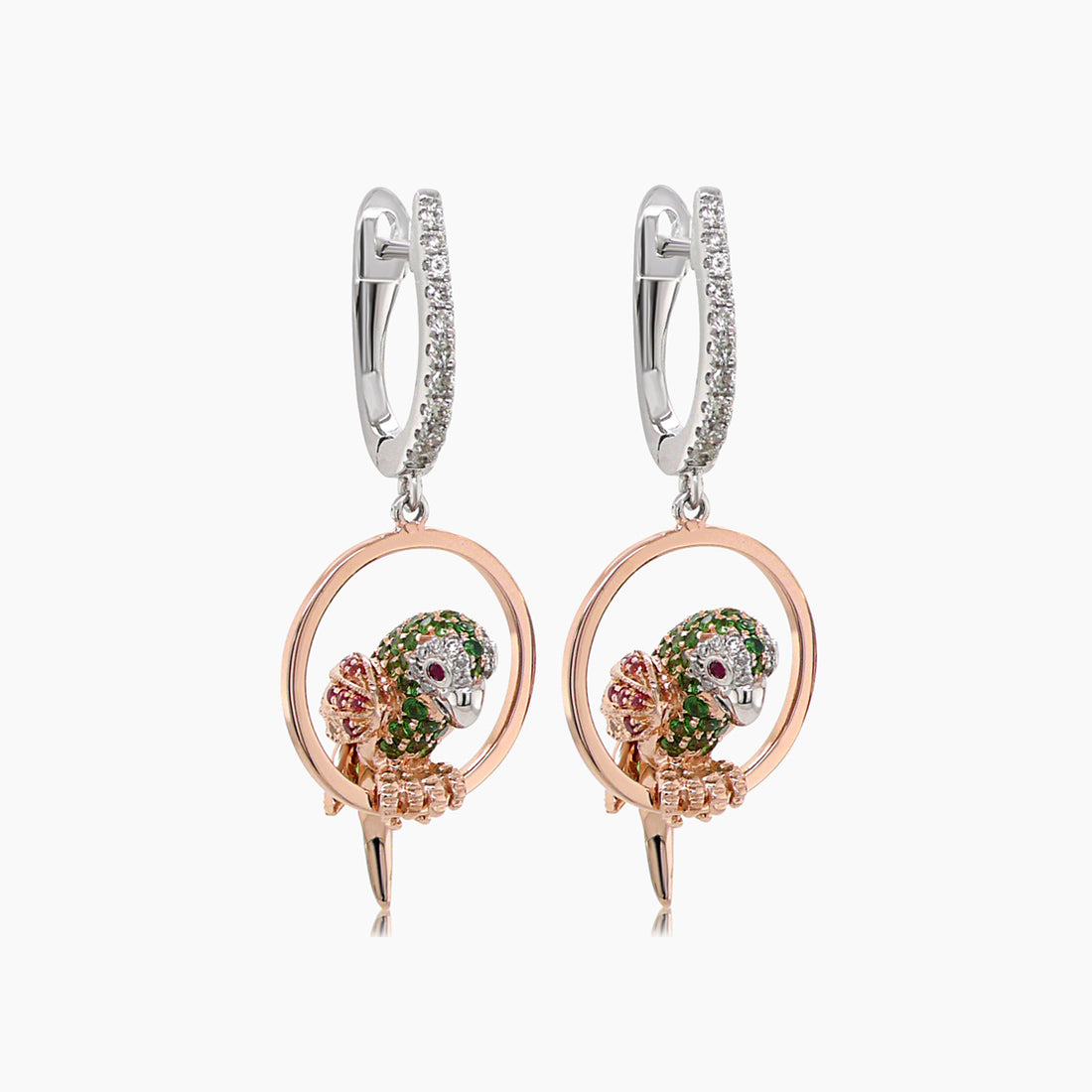 Multicolor Sapphire & Green Garnet & Diamond Parrot Bird 18K Two Tone Earrings