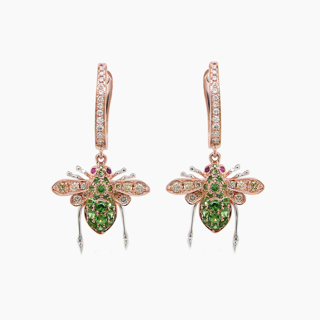 Green Garnet &amp; White Diamond Pave Bee 18K Rose Gold Statement Animal Earrings