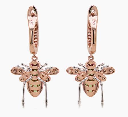 Green Garnet & White Diamond Pave Bee 18K Rose Gold Statement Animal Earrings