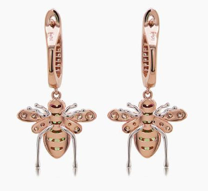 Green Garnet & White Diamond Pave Bee 18K Rose Gold Statement Animal Earrings