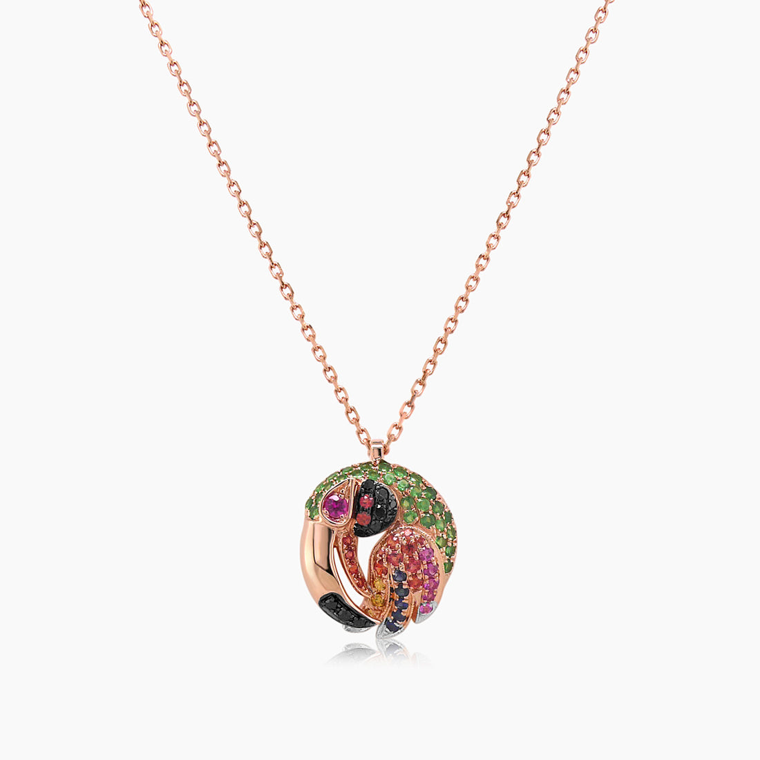 Multicolor Sapphire Gemstone &amp; Diamond Toucan Parrot Bird Gold Pendant Necklace