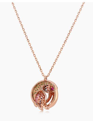 Multicolor Sapphire Gemstone & Diamond Toucan Parrot Bird Gold Pendant Necklace