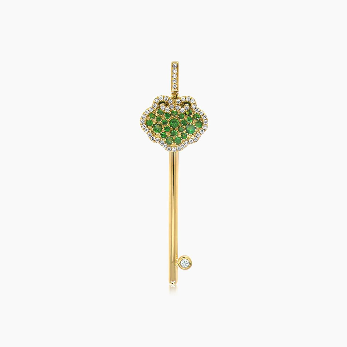 green garnet & fancy diamond pave 18k yellow gold key pendant