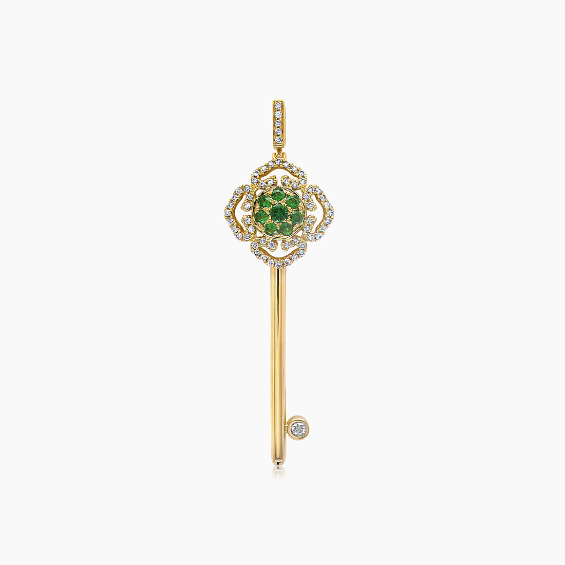 Green Garnet & Fancy Diamond Floral Flower 18K Yellow Key Pendant