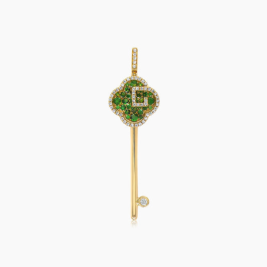 Green Garnet & Fancy Diamond Pave Clover 18K Yellow Gold Key Pendant