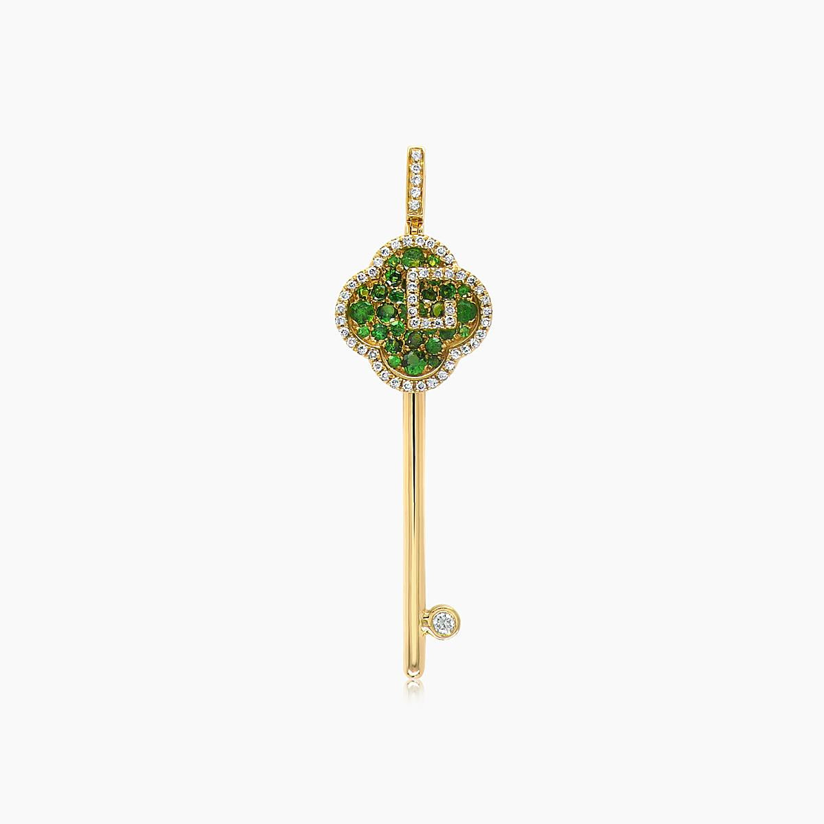 Green Garnet & Fancy Diamond Pave Clover 18K Yellow Gold Key Pendant