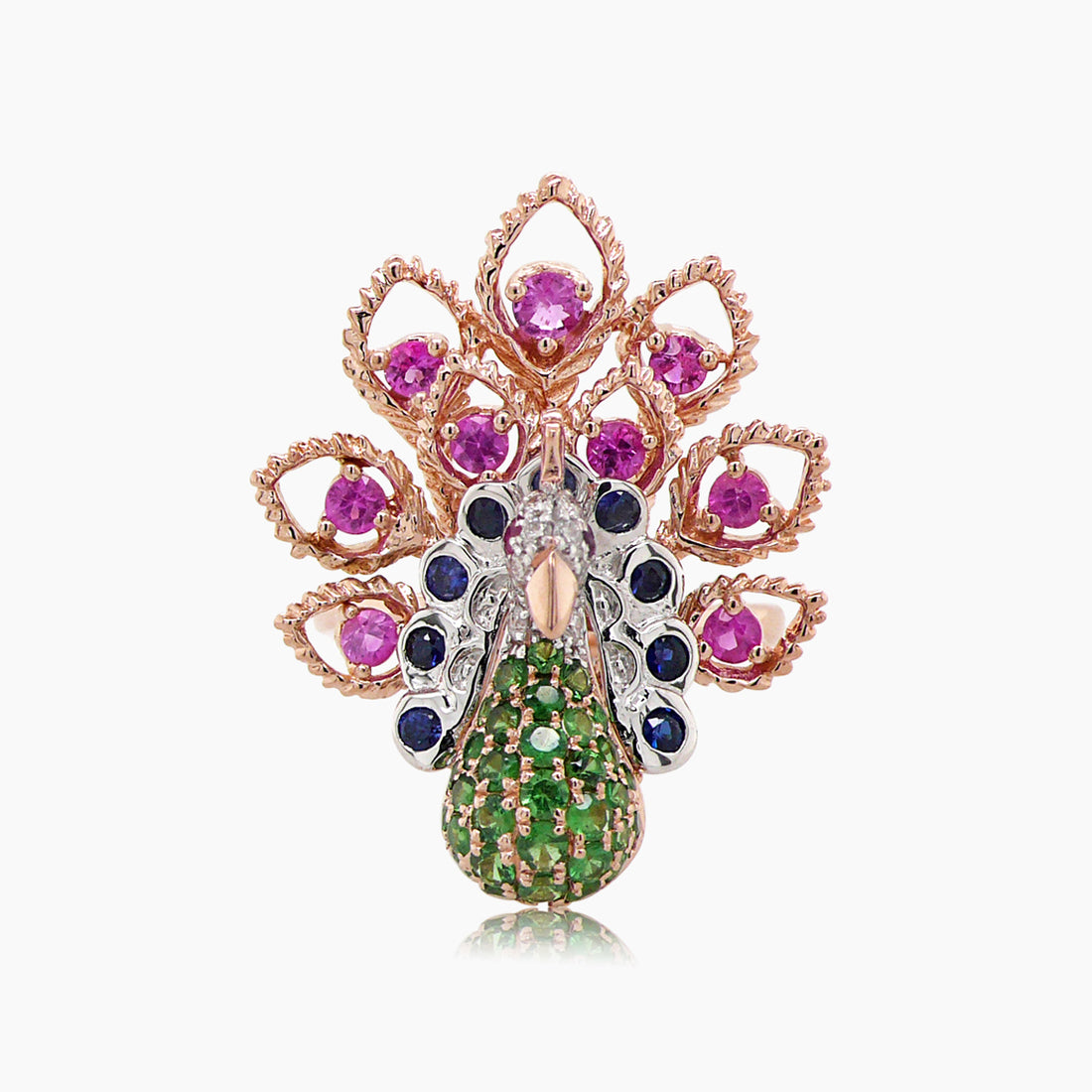 Peacock Bird Green Garnet Diamond & Ruby & Pink Sapphire 18K Rose Gold Ring