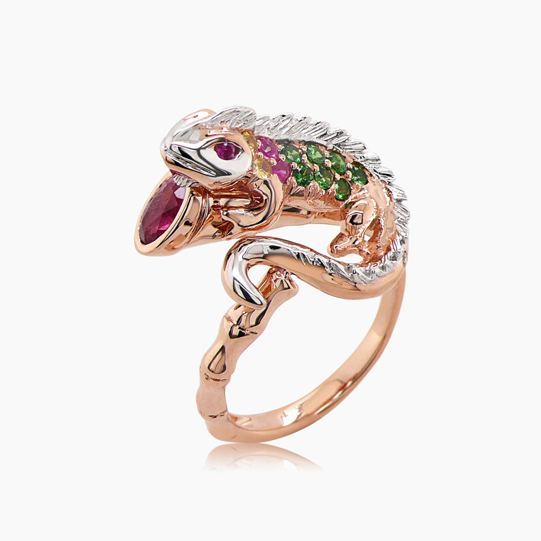 Lizard Chameleon Ruby & Diamond Pave & Green 18K Rose & White Gold Animal Ring
