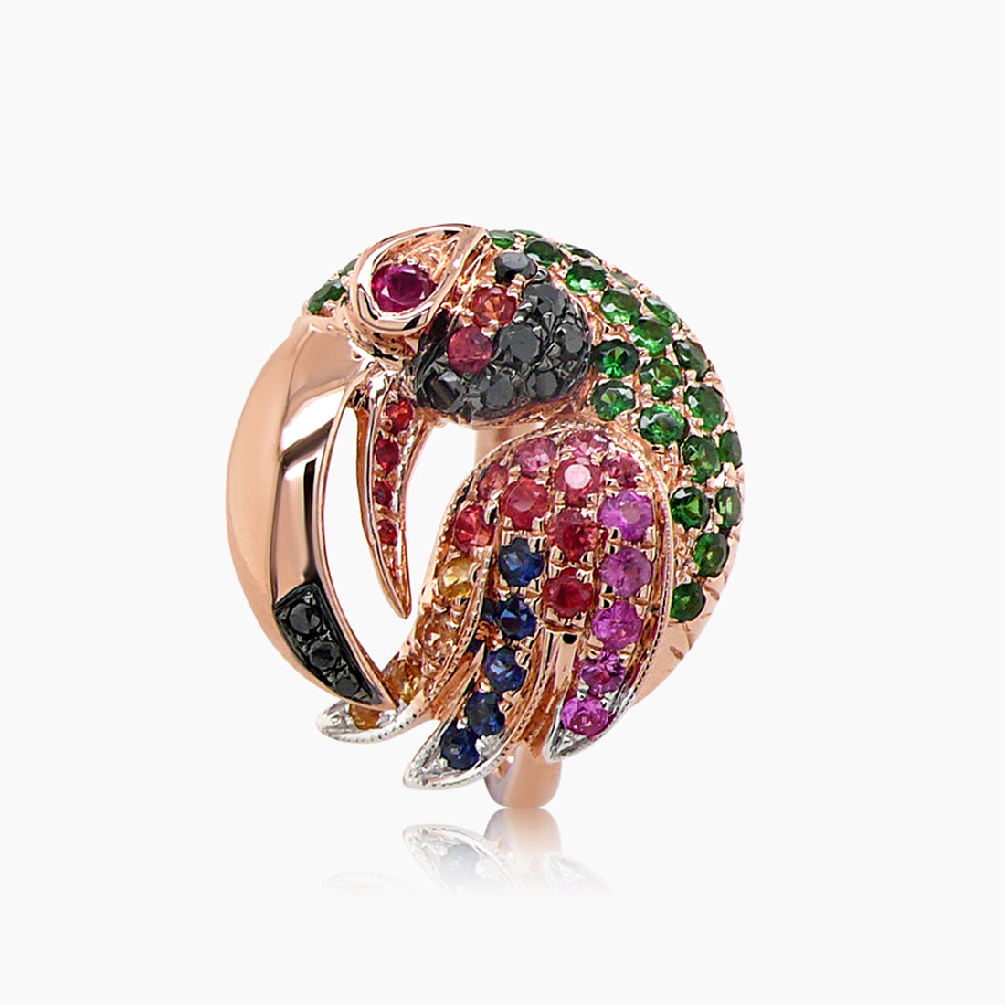 Multicolor Sapphire &amp; Gemstone &amp; Diamond Toucan Parrot Bird 18K Rose Gold Ring
