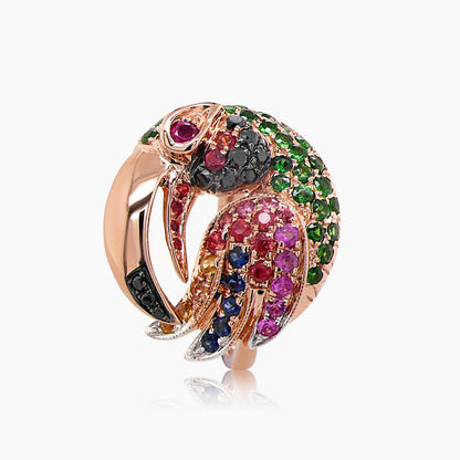 Multicolor Sapphire &amp; Gemstone &amp; Diamond Toucan Parrot Bird 18K Rose Gold Ring