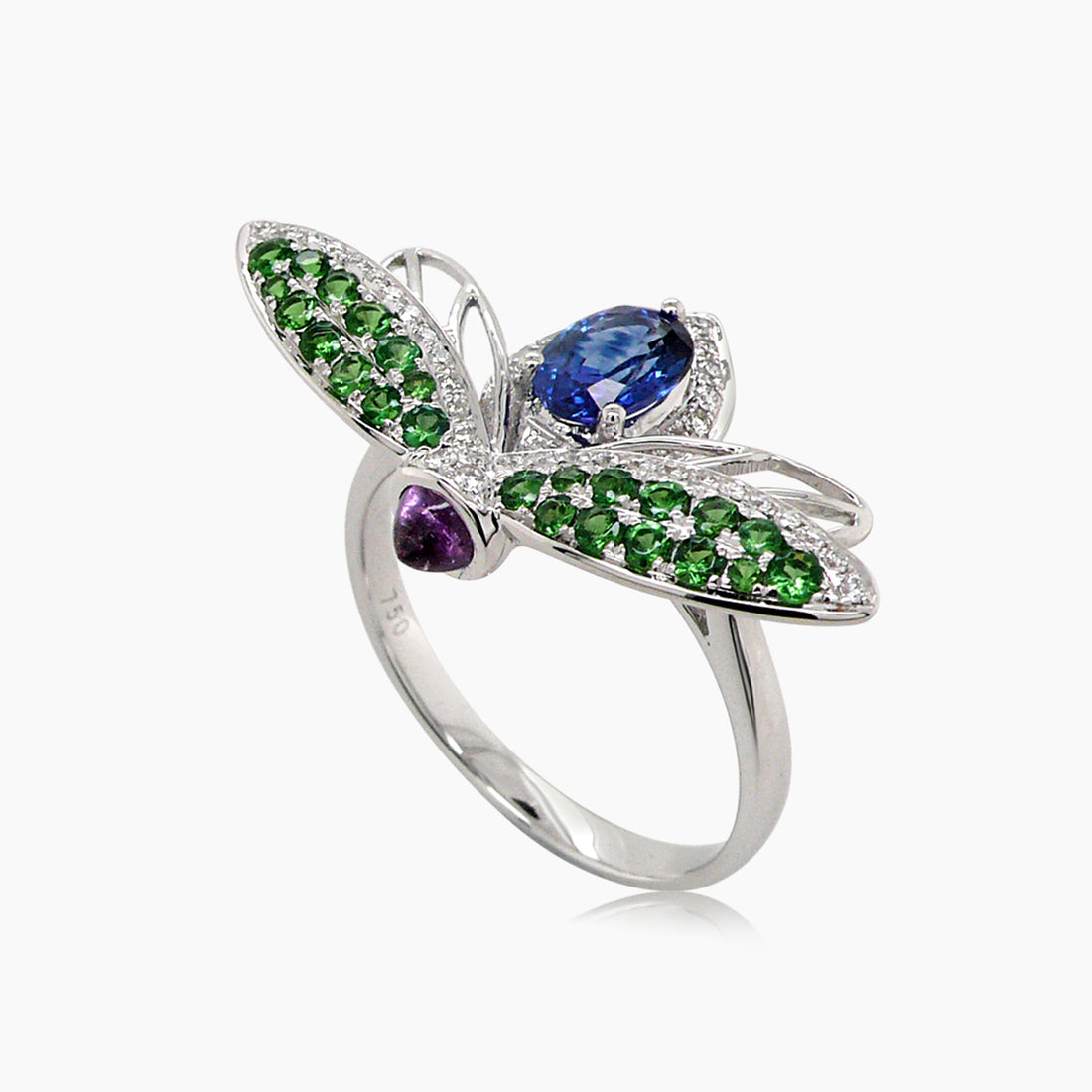 Blue Sapphire & Green Garnet & Diamond Pave Purple Sapphire White Gold Fly Ring