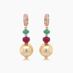 Golden Pearl & Emerald & Ruby & Diamond 18K Rose Gold Drop Earrings