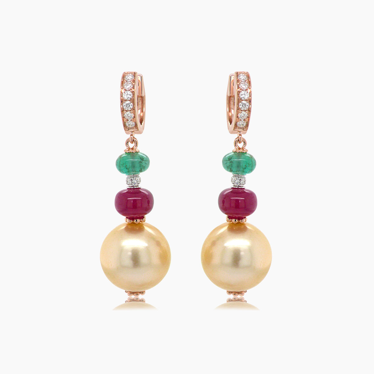 golden pearl & emerald & ruby & diamond 18k rose gold drop earrings