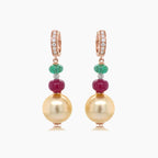 Golden Pearl & Emerald & Ruby & Diamond 18K Rose Gold Drop Earrings