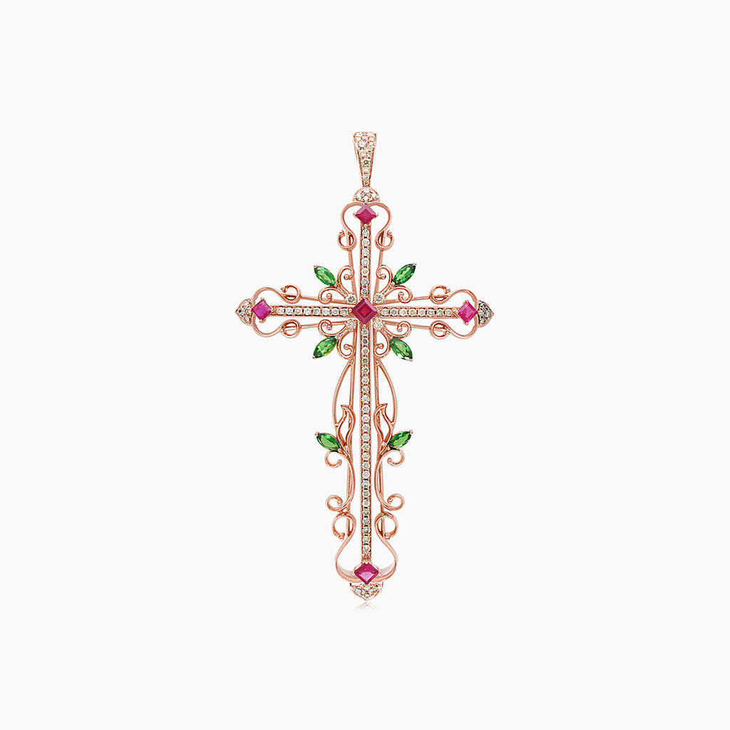 Fancy Diamond Green Garnet & Ruby 18K Rose Gold Pendant