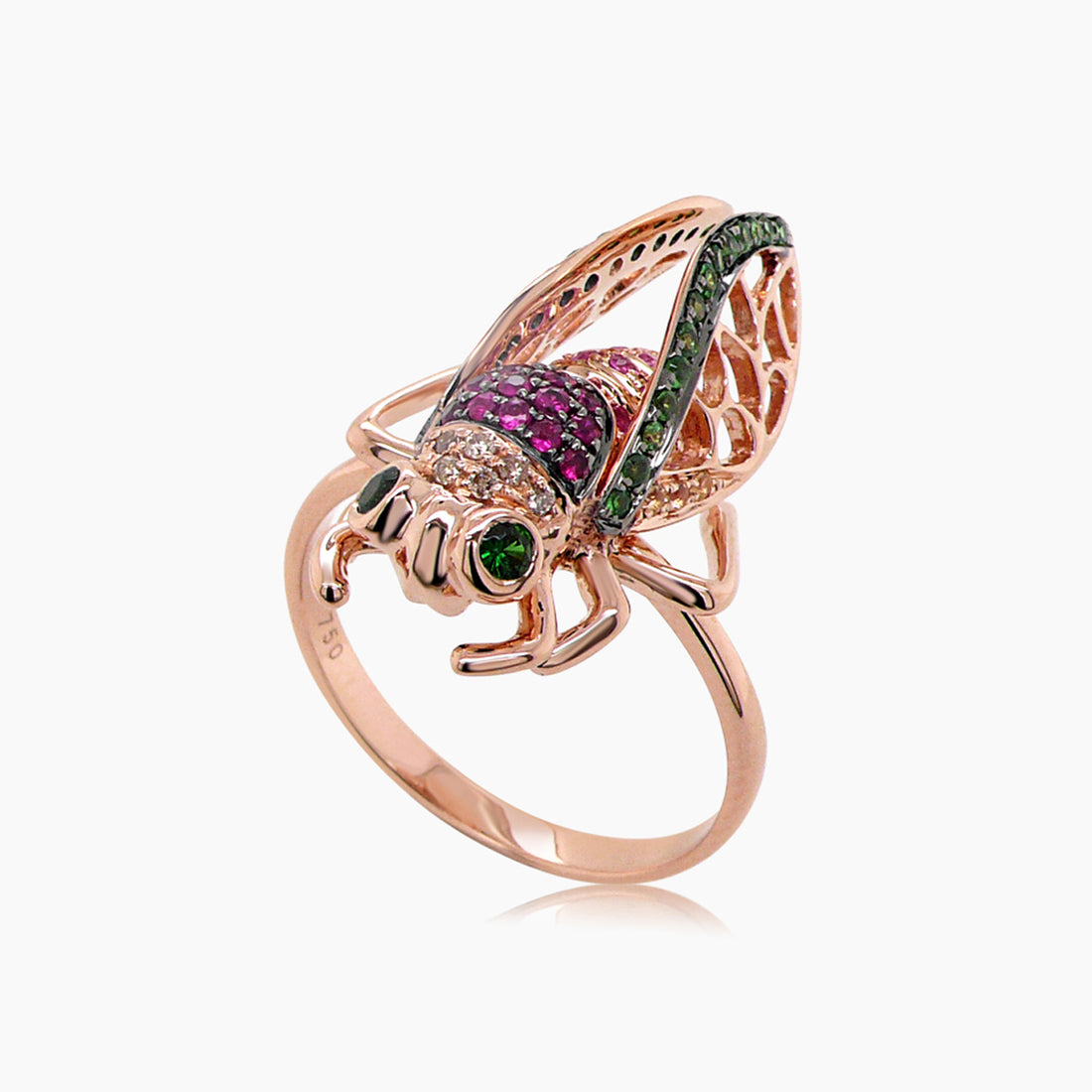 Multicolor Gemstone & Diamond Pave Cicada Bug 18K Rose Gold Animal Ring
