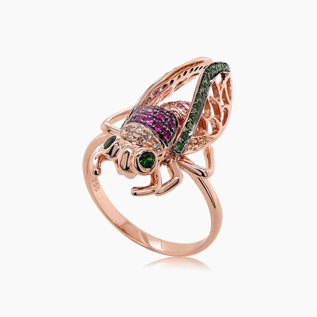 Multicolor Gemstone &amp; Diamond Pave Cicada Bug 18K Rose Gold Animal Ring
