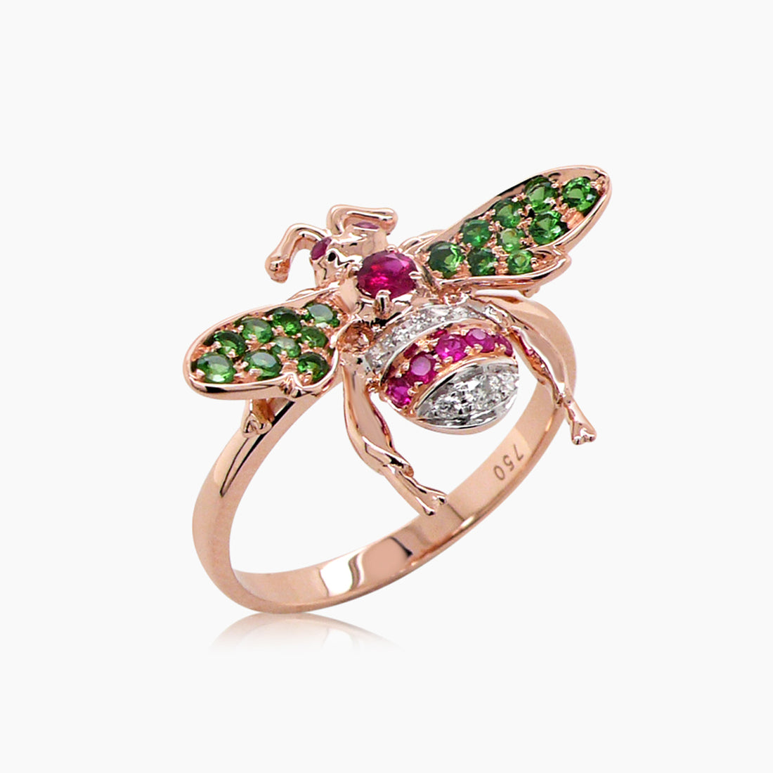 Red Ruby & Green Garnet & Diamond Pave Bee 18K Rose Gold Animal Ring