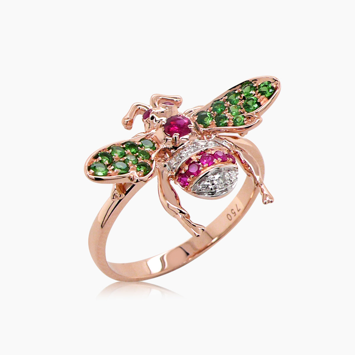 red ruby & green garnet & diamond pave bee 18k rose gold animal ring