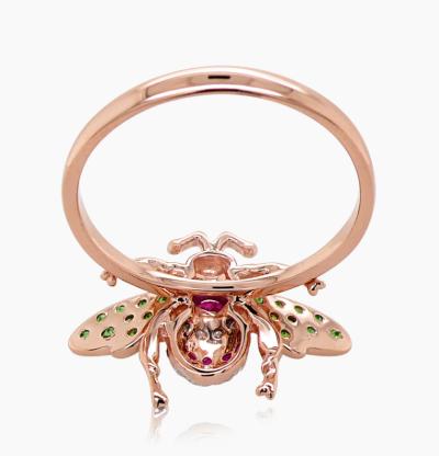 Red Ruby &amp; Green Garnet &amp; Diamond Pave Bee 18K Rose Gold Animal Ring