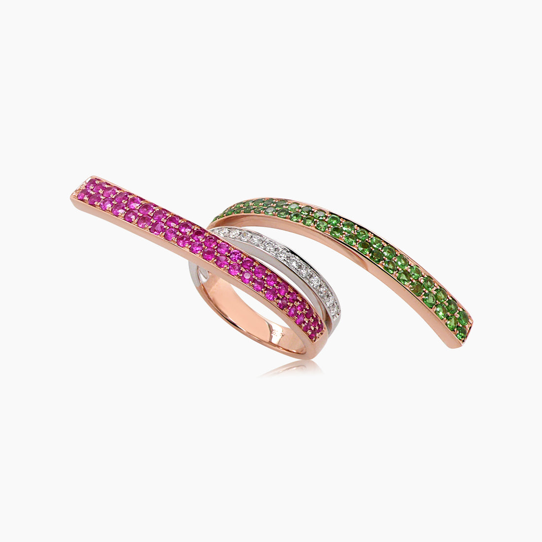 Pink Ruby & Green Garnet & White Diamond 18K White & Rose Gold Ring