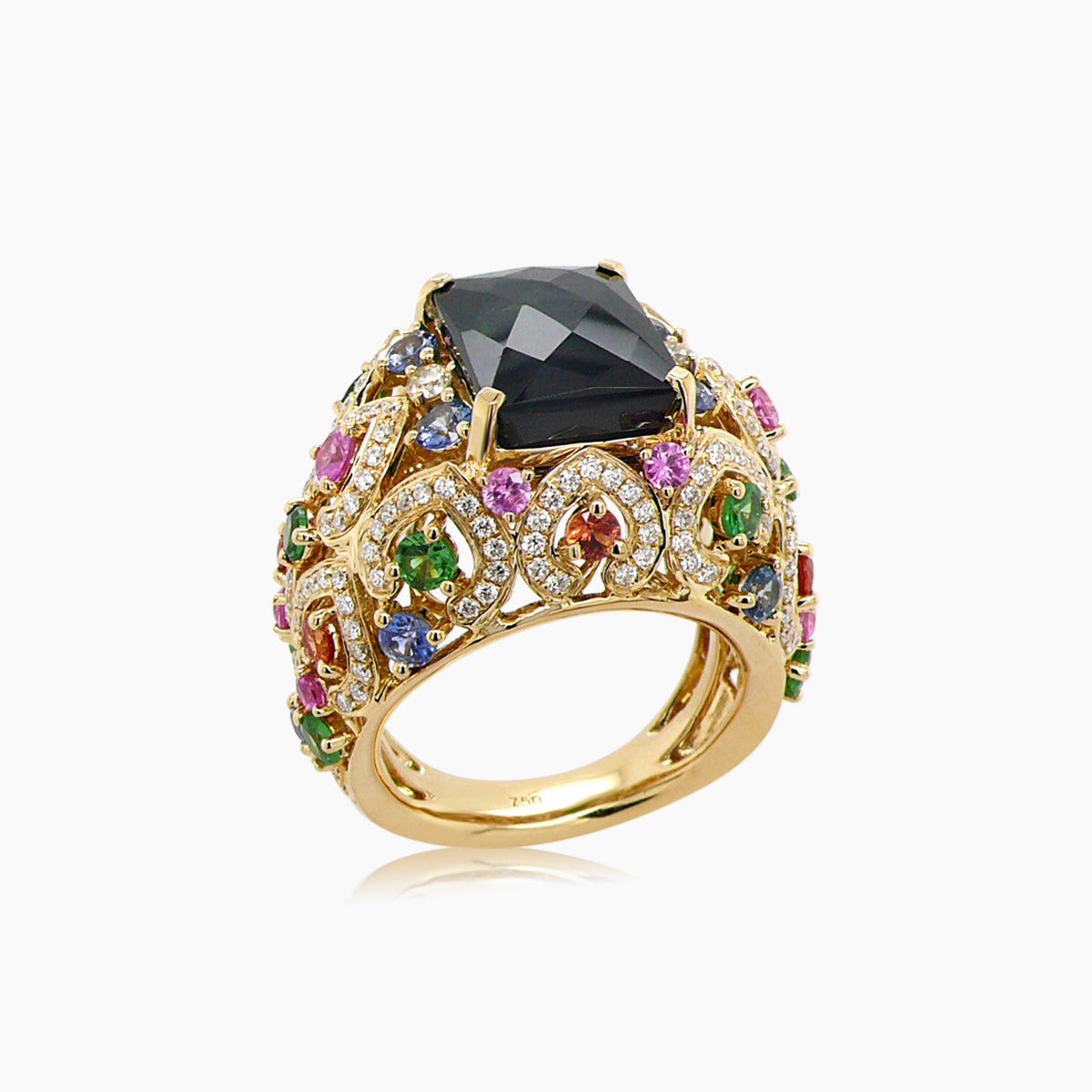 green tourmaline white diamond multi-sapphire & garnet 18k yellow gold ring