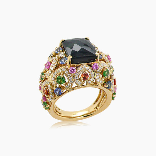Green Tourmaline White Diamond Multi-Sapphire & Garnet 18K Yellow Gold Ring