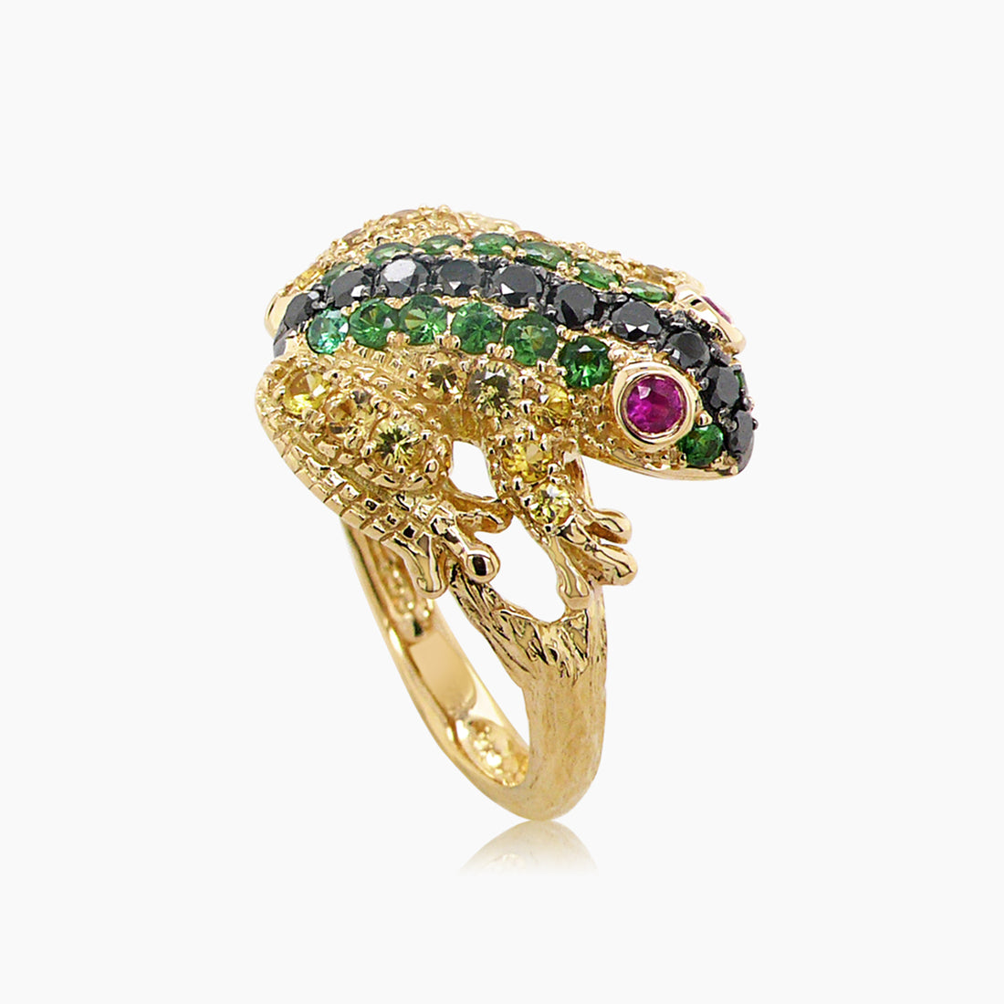 Frog Ruby & Diamond Pave & Green Garnet & Yellow Sapphire 18K Yellow Gold Ring