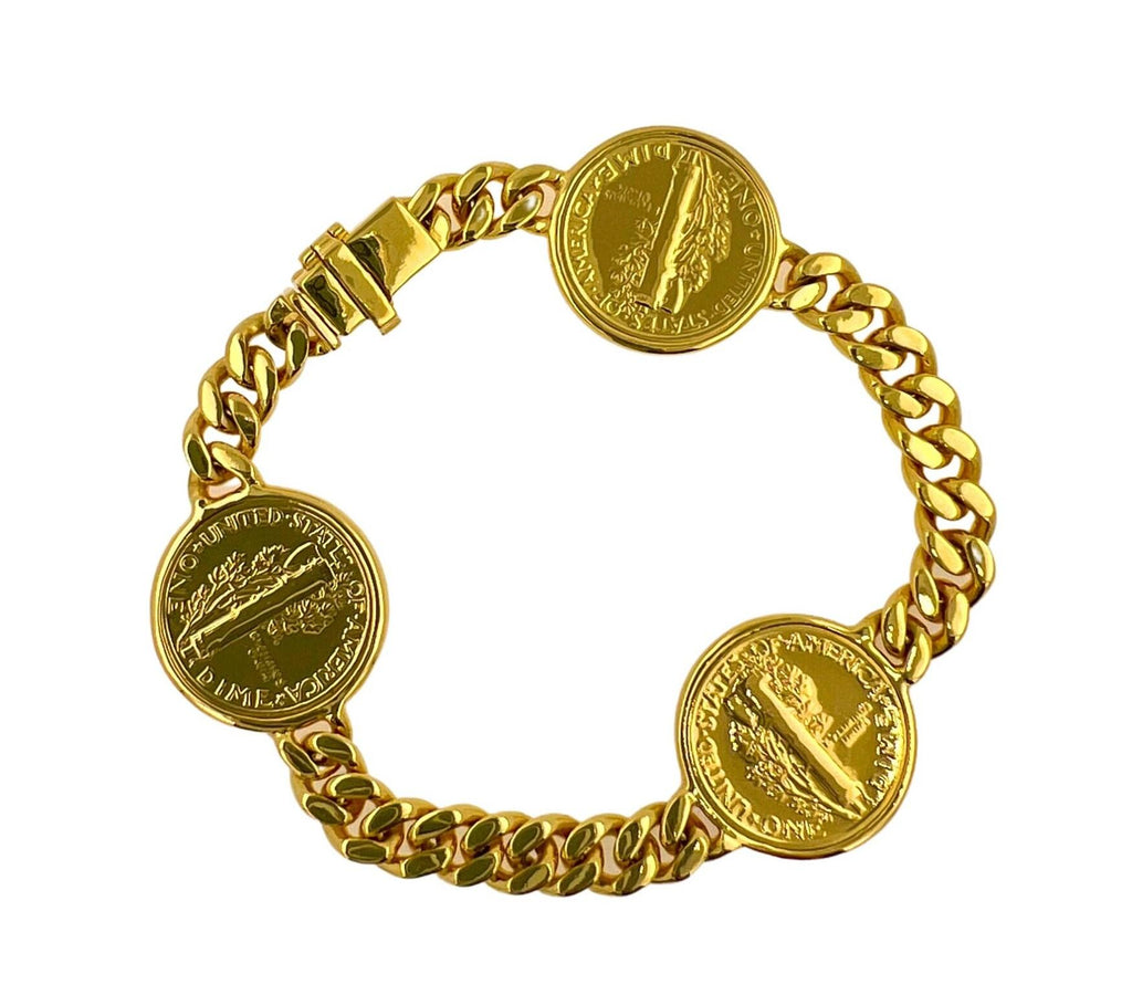 Genuine Vintage American USA Dollar Coin Curb Link Yellow Gold Vermeil Sterling 