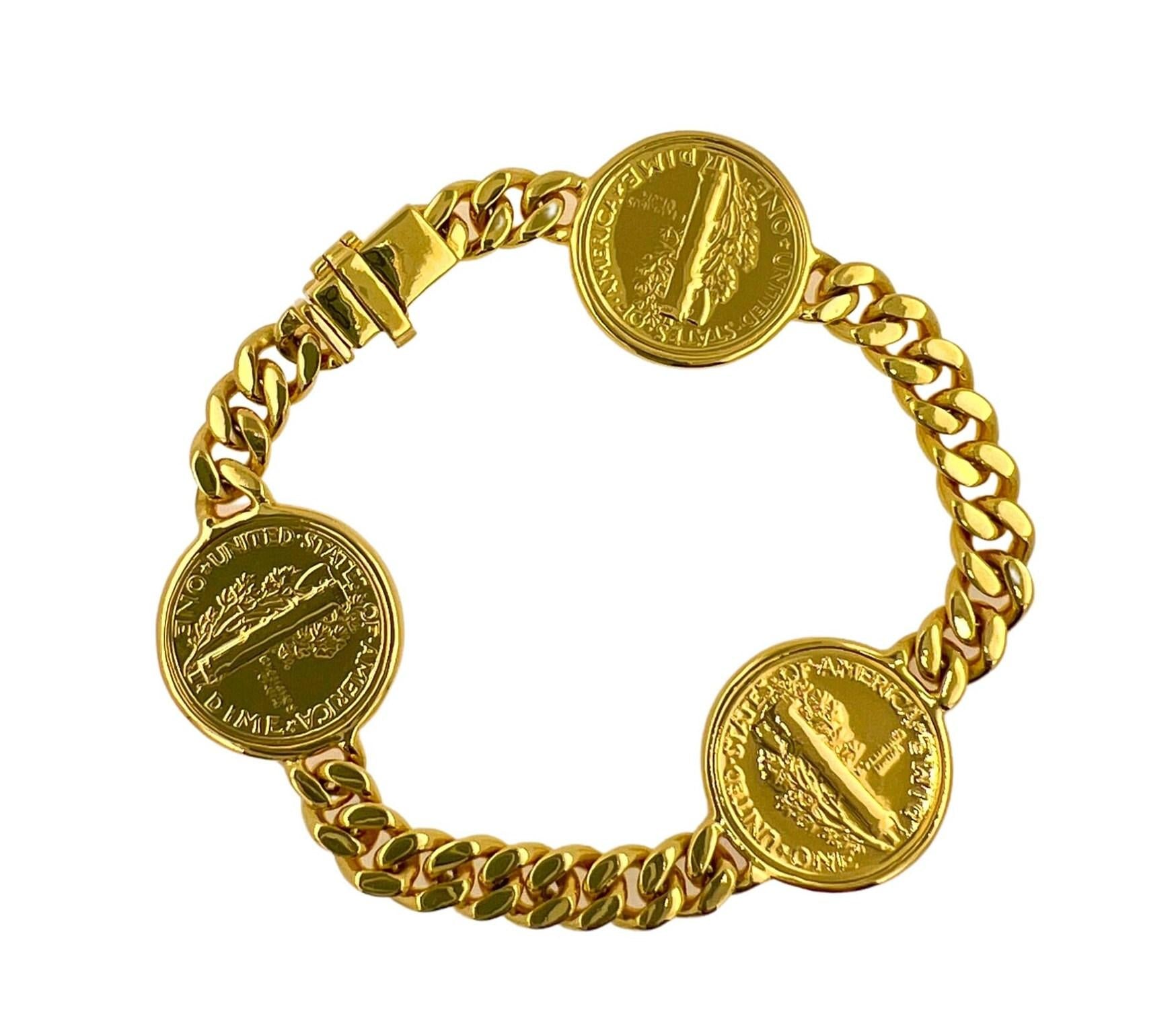 Genuine Vintage American USA Dollar Coin Curb Link Yellow Gold Vermeil Sterling 
