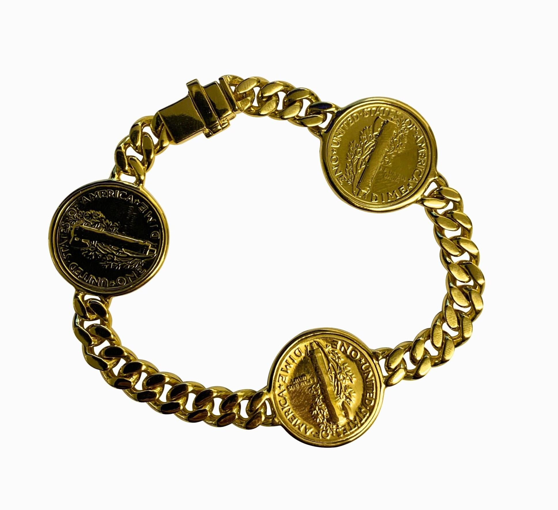 Genuine Vintage American USA Dollar Coin Curb Link Yellow Gold Vermeil Sterling 