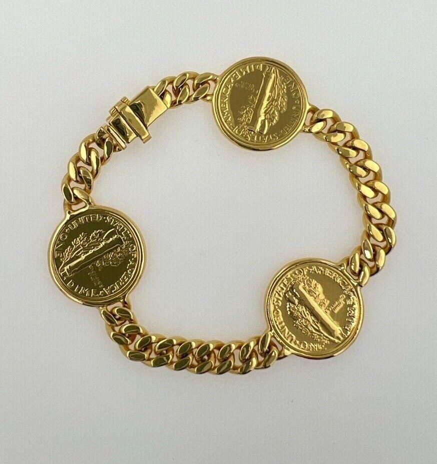 Genuine Vintage American USA Dollar Coin Curb Link Yellow Gold Vermeil Sterling 
