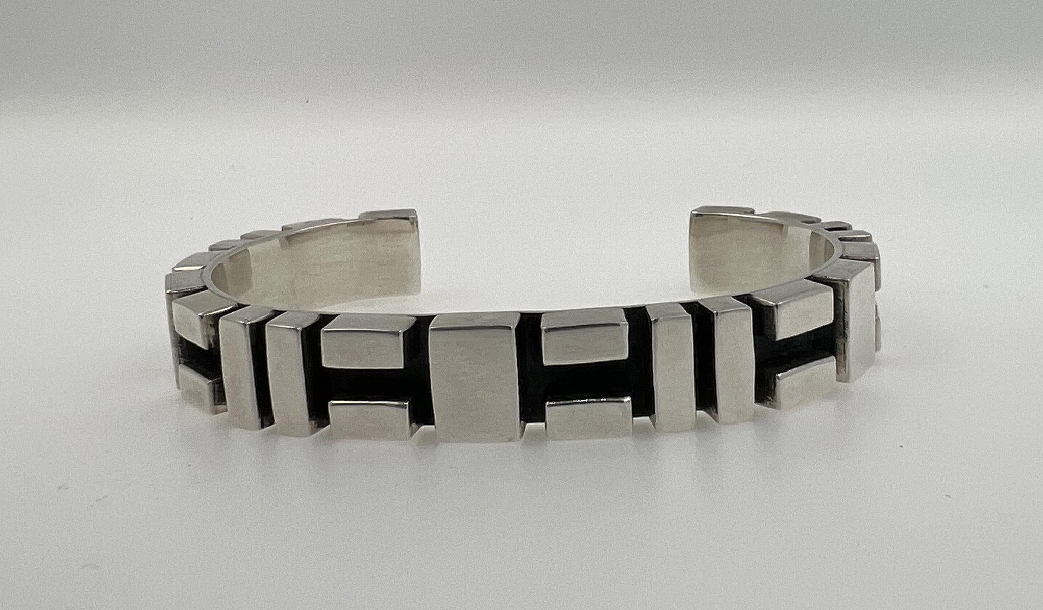 Geometric Simple Modern Statement 925 Sterling Silver Wide Cuff Bangle Bracelet