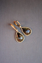 Golden Brown Black Sapphire Pear Drop Shape Sapphire Diamond Halo Gold Earrings