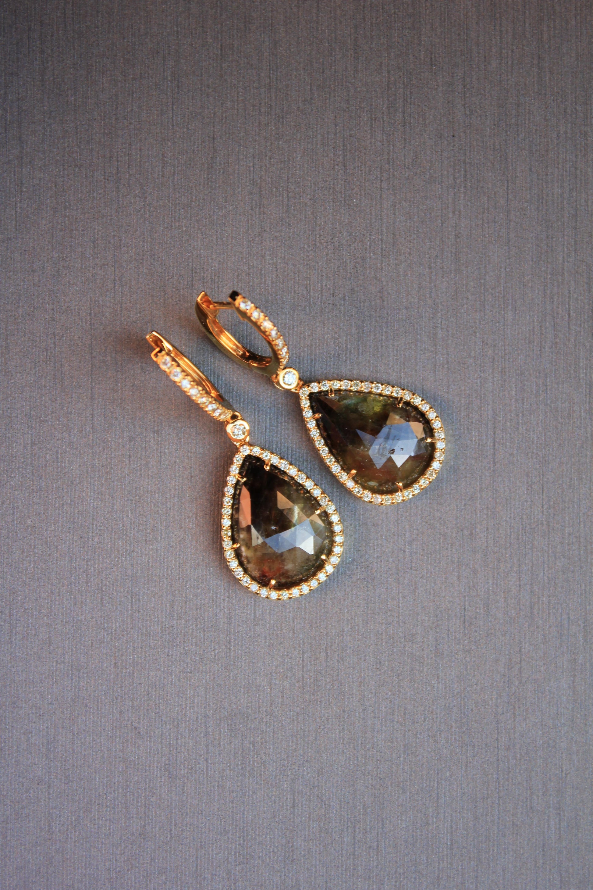 Golden Brown Black Sapphire Pear Drop Shape Sapphire Diamond Halo Gold Earrings