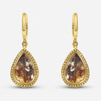Golden Brown Black Sapphire Pear Drop Shape Sapphire Diamond Halo Gold Earrings